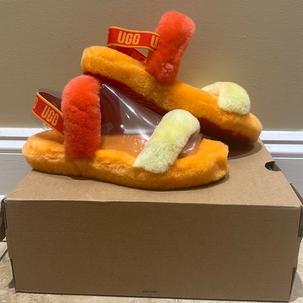 Brand new original tags unworn. OH YEAH Ugg slide in orange multi color size 6.